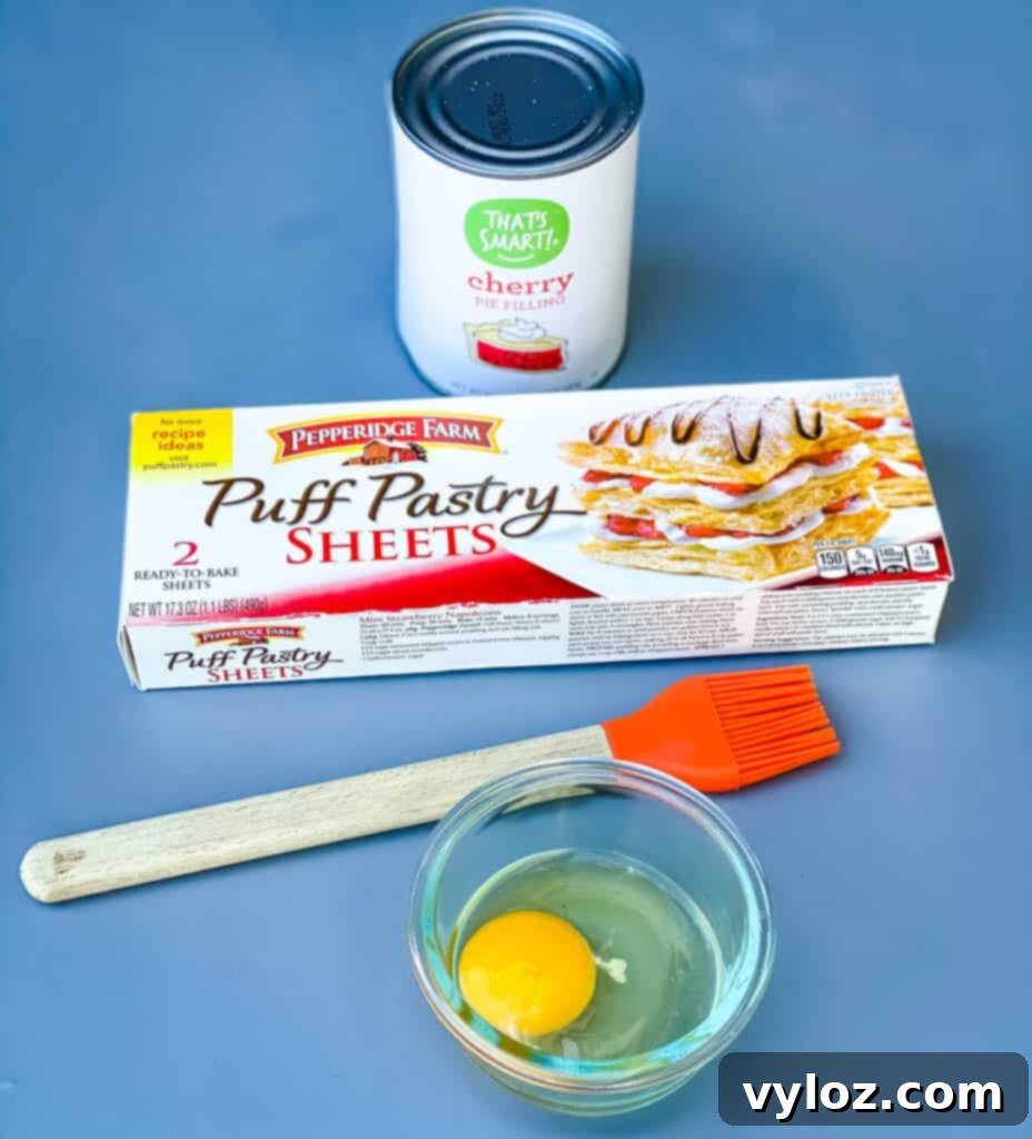 puff pastry, canned cherry pie, and a raw egg