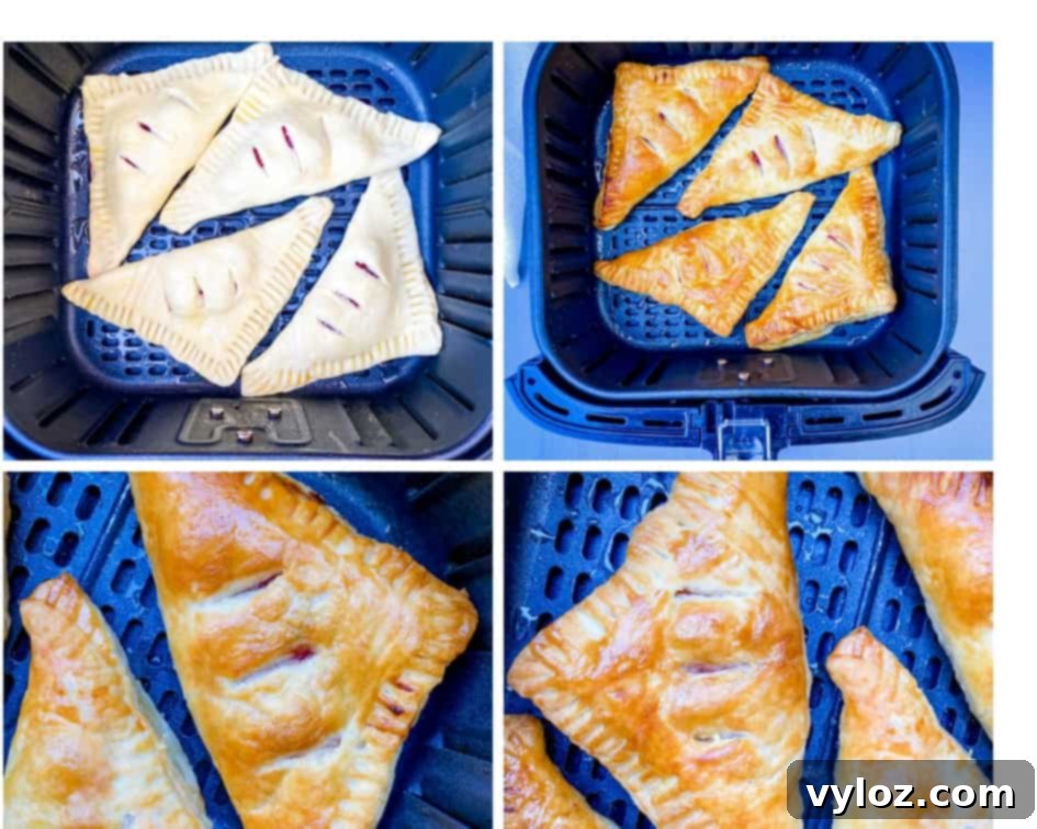 a collage photo of 4 phots of turnovers in the air fryer