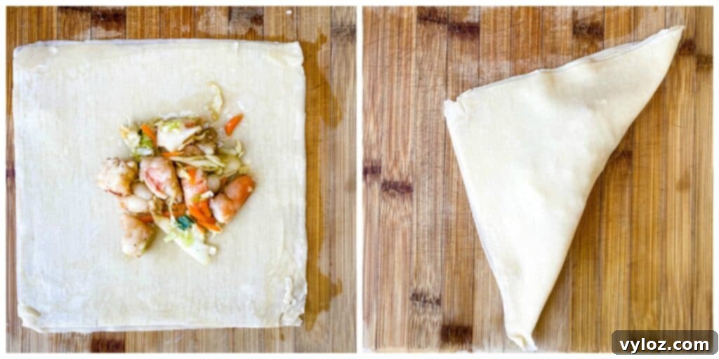 A step-by-step photographic collage demonstrating the proper technique for rolling an egg roll, from placing the filling to sealing the final shape.