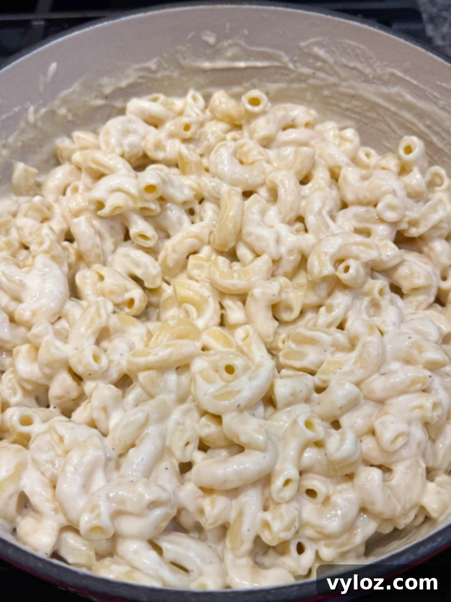 Soul-Satisfying Southern Baked Mac and Cheese 11 Close-up of creamy stovetop mac and cheese in a large pot, elbow macaroni coated in smooth white cheese sauce.