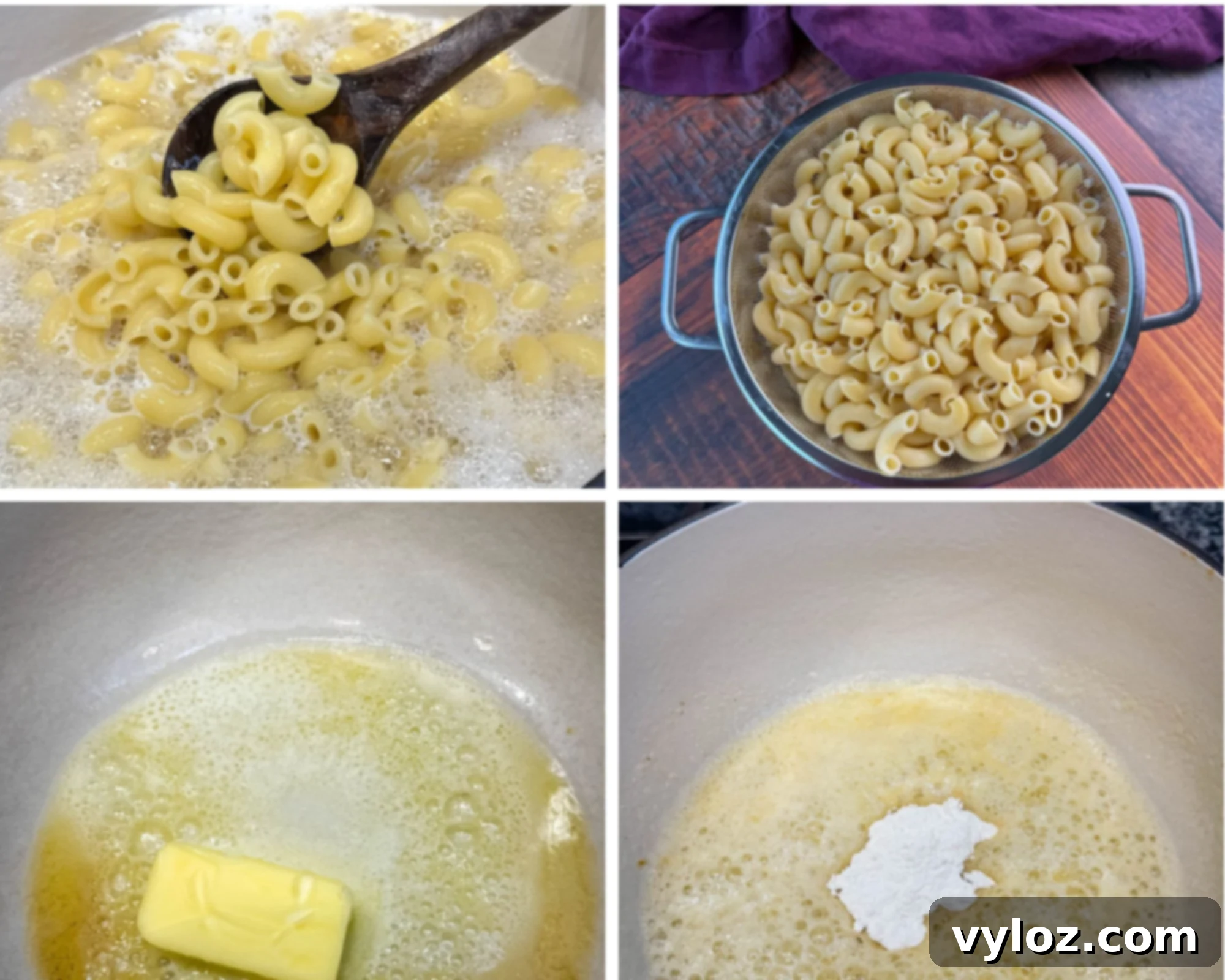 Soul-Satisfying Southern Baked Mac and Cheese 8 Four-step collage showing macaroni cooking process—elbow noodles boiling in water, drained in a colander, butter melting in a pot, and flour added to make a roux.