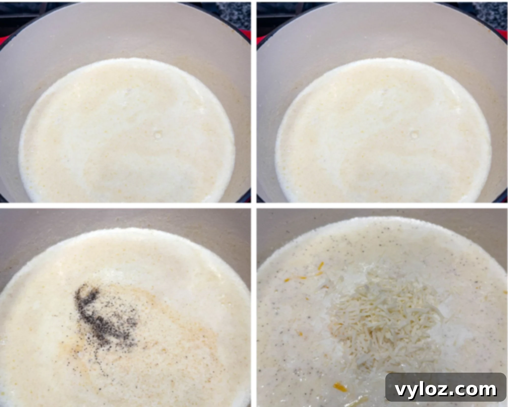 Soul-Satisfying Southern Baked Mac and Cheese 9 Four-step collage of a pot on the stove—first showing milk mixture, then with seasoning, then with black pepper sprinkled in, and finally shredded cheese melting into the sauce.