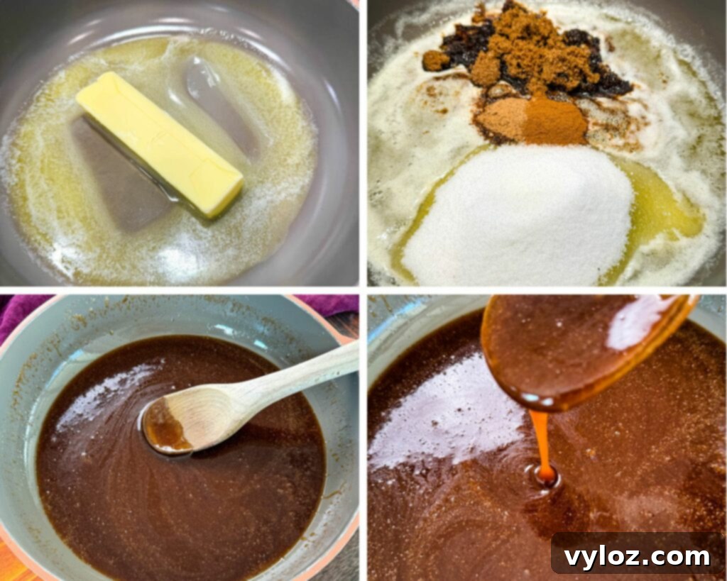 Mama's Easy Candied Sweet Potatoes 6 melted butter, brown sugar, sugar, cinnamon, and nutmeg in a skillet to make candied sweet potato glaze