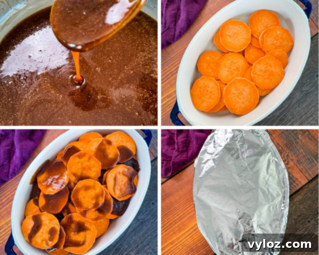 Mama's Easy Candied Sweet Potatoes 7 a collage of 4 photos with candied sweet potato glaze, sliced sweet potato rounds, and glaze in a baking dish