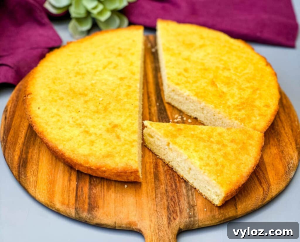 A plate of freshly baked Southern homemade cornbread, sliced into neat squares and arranged appealingly on a brown wooden board.