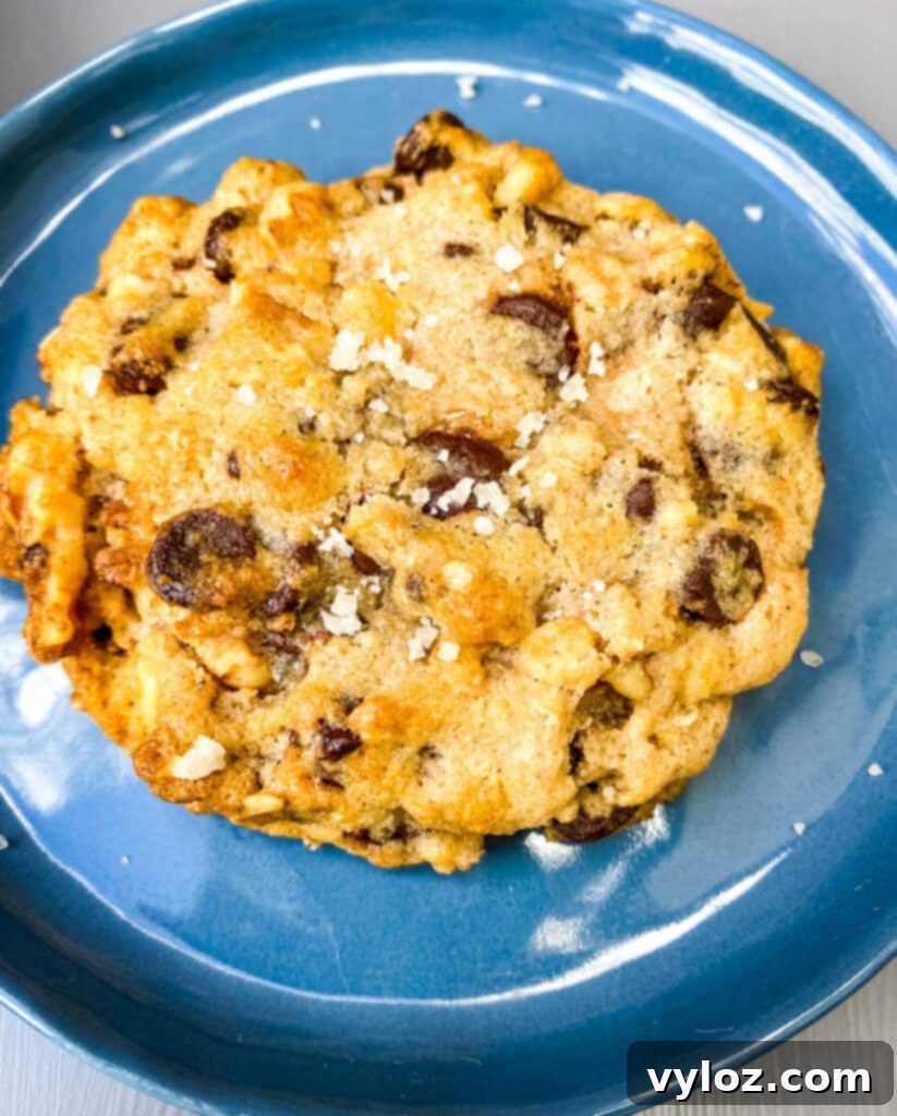 a single air fryer chocolate chip cookie on a blue plate, viewed from a different angle