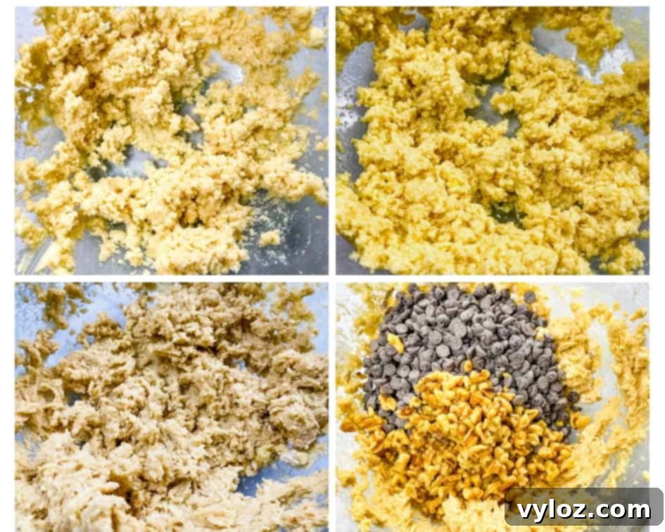 collage photo with 4 images showing the process of making air fryer chocolate chip cookie dough