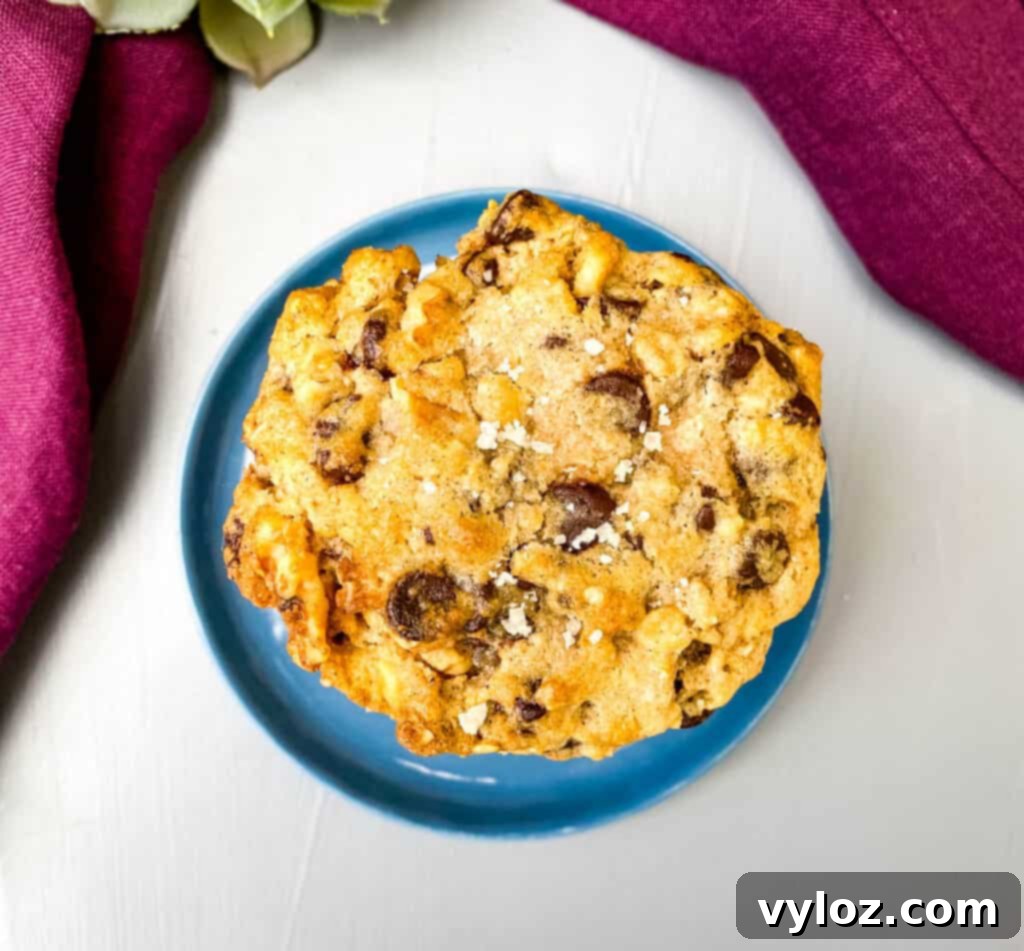 a single air fryer chocolate chip cookie on a blue plate, showing its perfect texture