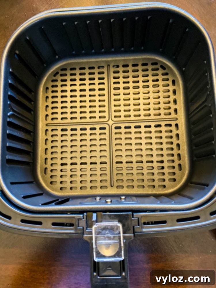Mastering Your Air Fryer 4 Close-up view of a Cosori 5.8 quart air fryer basket, showing its capacity