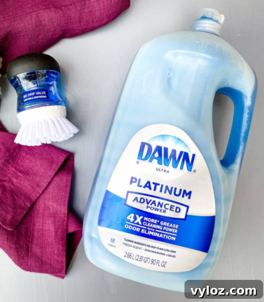 Mastering Your Air Fryer 7 Dishwashing liquid and a cleaning brush on a kitchen counter, ready for air fryer cleaning