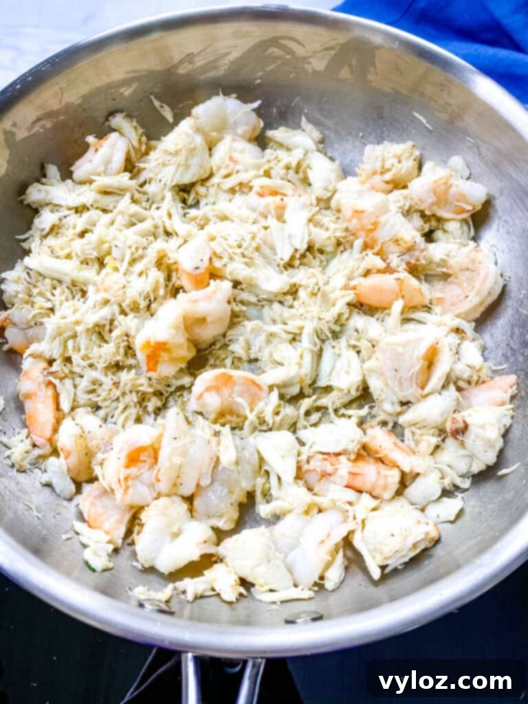 Effortless Crab Salad 7 shrimp and crab in a frying pan