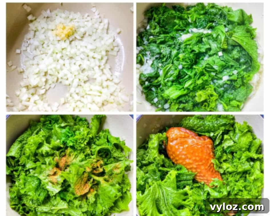A collage of images showing the cooking process of Southern mustard greens in a Dutch oven, from sautéing onions and garlic to adding the greens.