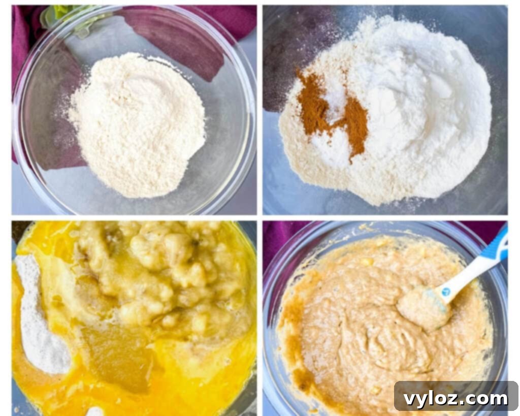 A collage demonstrating the banana bread mixing process, showing wet and dry ingredients combining into batter
