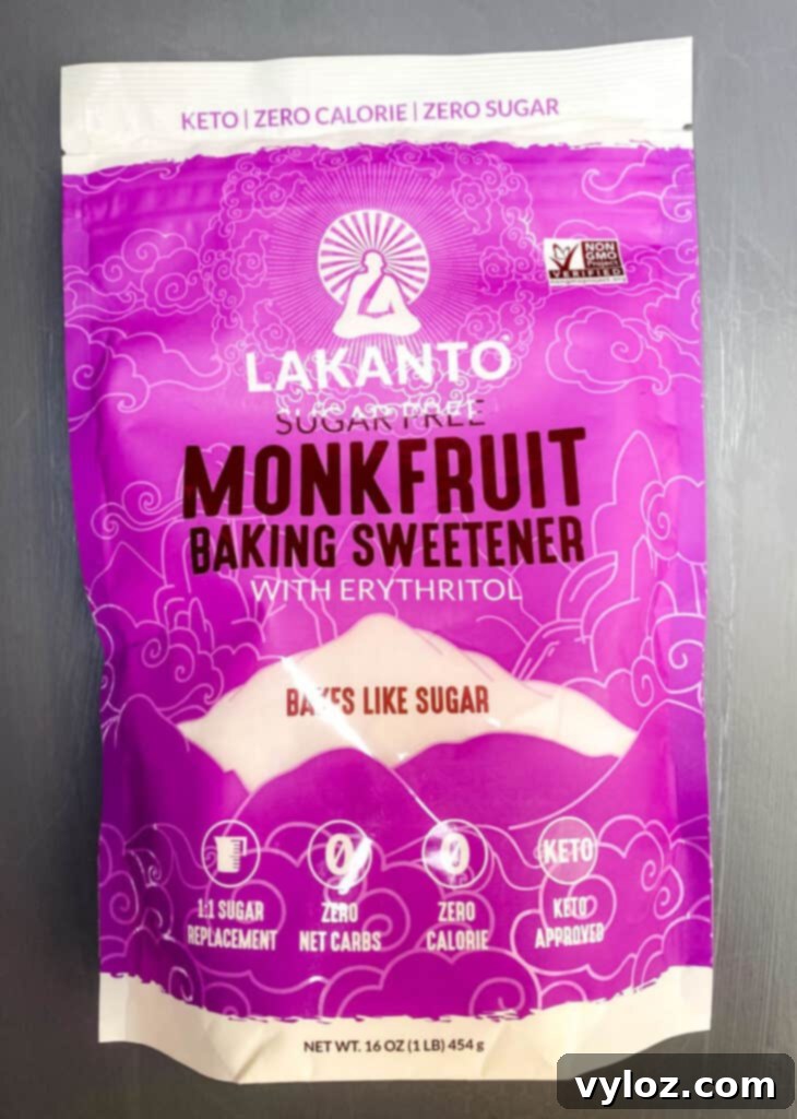 A bag of organic monk fruit sweetener, highlighting the sugar substitute used in the recipe