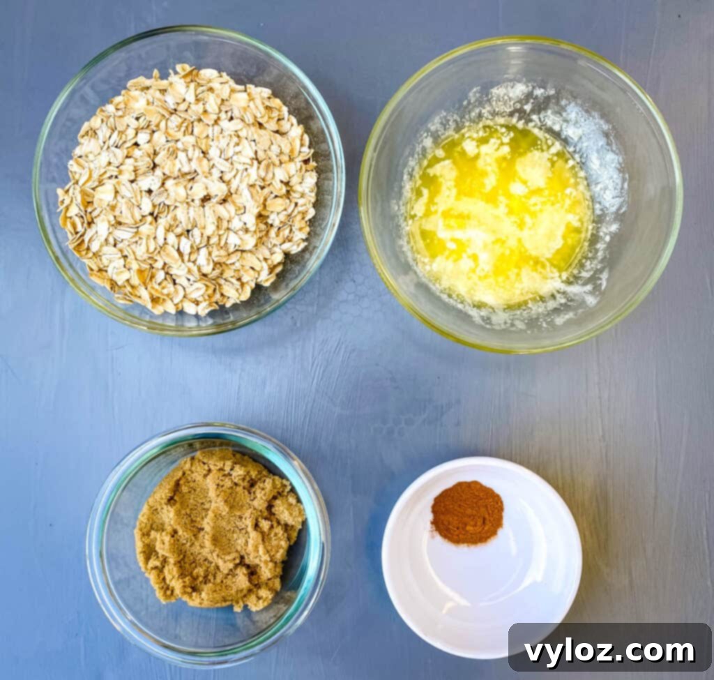 rolled oats, melted butter, brown sweetener, and cinnamon in separate bowls