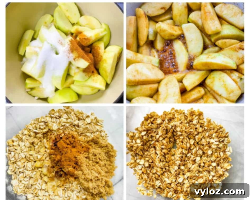 a collage photo showing how to make apple crisp by combining ingredients in a saucepan