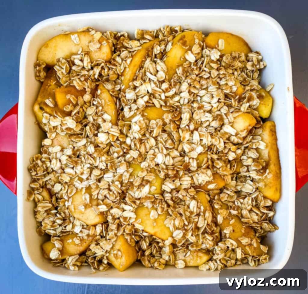 healthy apple crisp in a red baking dish