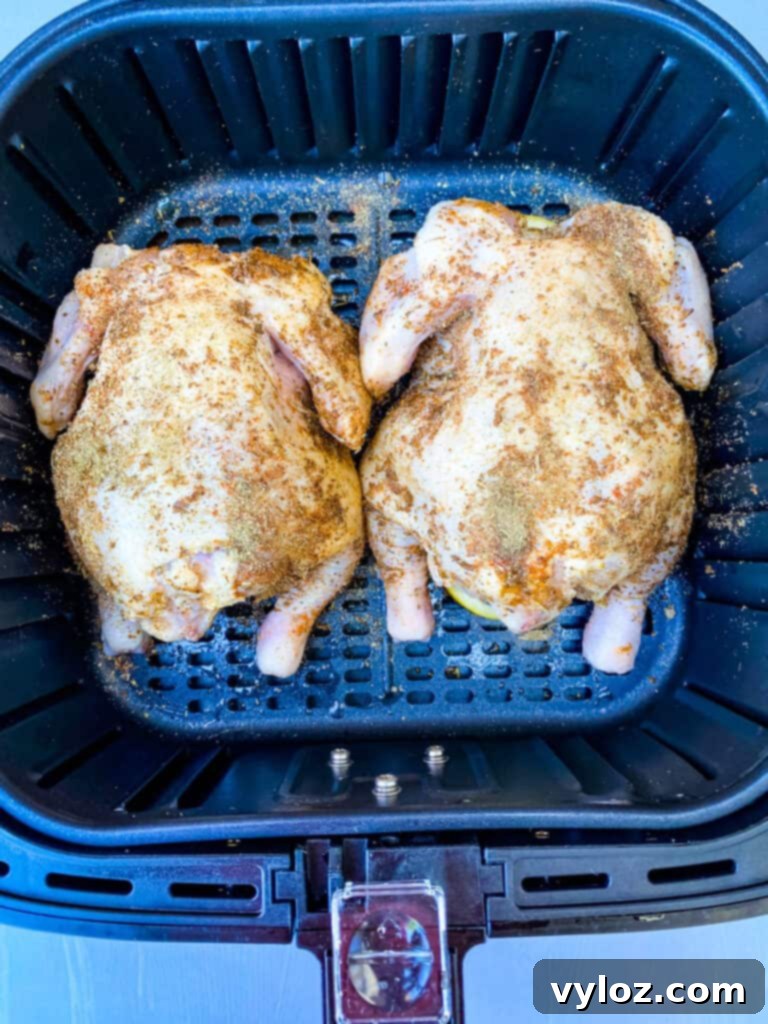 Succulent Air Fryer Cornish Hens 5 Air fryer basket with seasoned Cornish hens, breast side down, perfectly positioned for initial cooking.