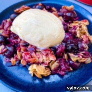 healthy blueberry crisp on a blue plate with a scoop of vanilla ice cream