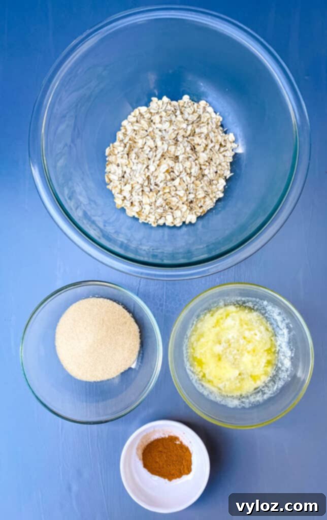 rolled oats, melted butter, brown sweetener, and cinnamon in separate bowls