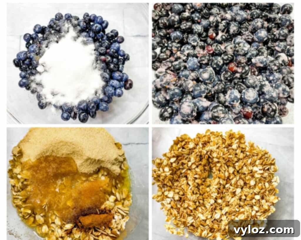 a collage photo of 4 photos with fresh blueberries with sweetener and blueberry crisp topping
