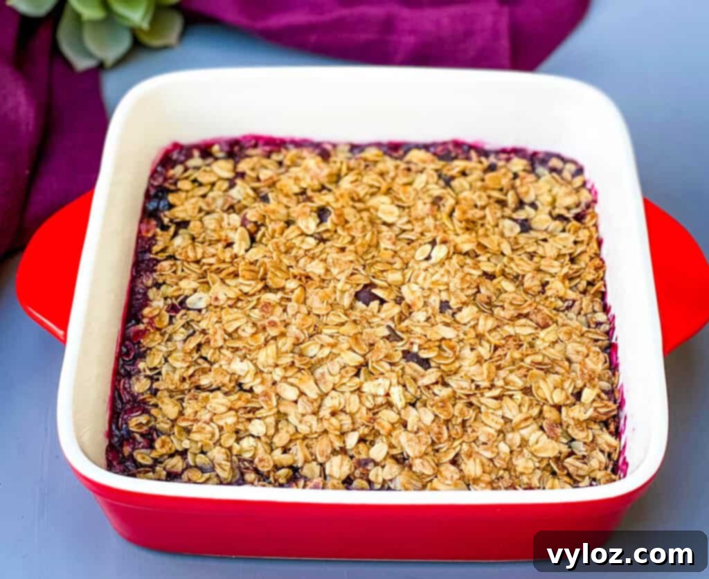 healthy blueberry crisp in a red baking dish