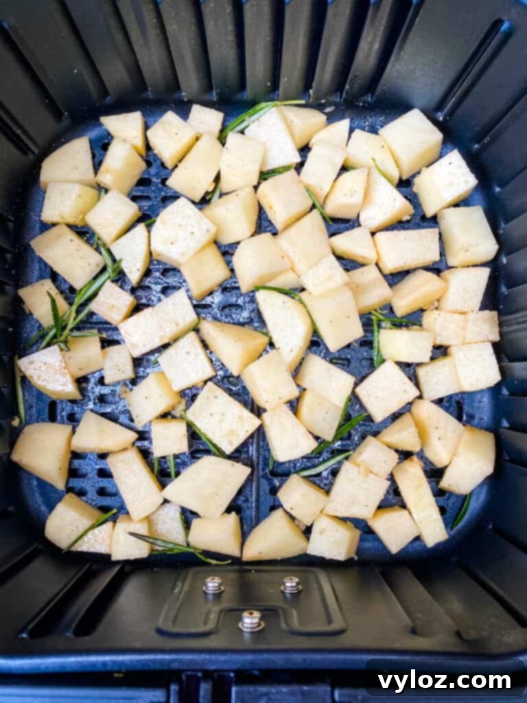 Crispy Air Fryer Roasted Potatoes 5 sliced potatoes in an air fryer