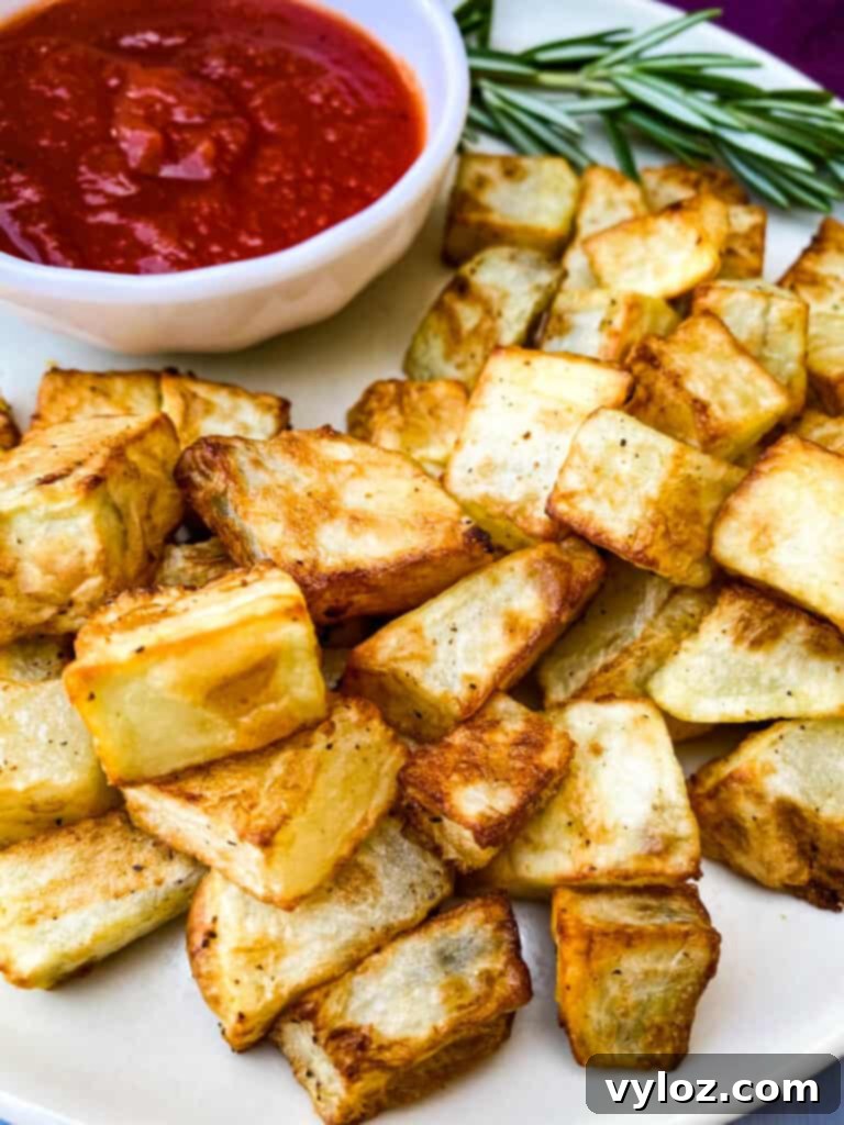 Crispy Air Fryer Roasted Potatoes 9 air fryer roasted potatoes on a white plate with ketchup