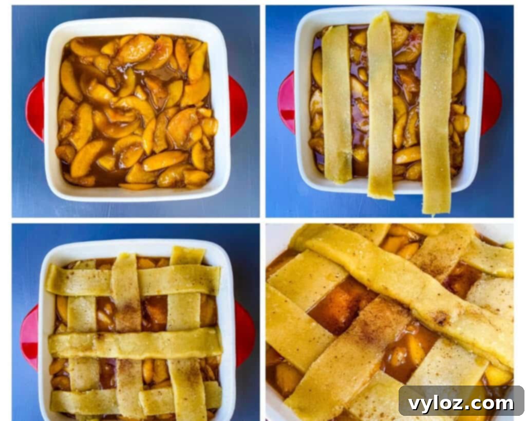 Unbaked healthy Southern peach cobbler in a red baking dish, ready for the oven