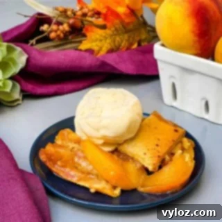 Healthy Southern peach cobbler on a blue plate with vanilla ice cream