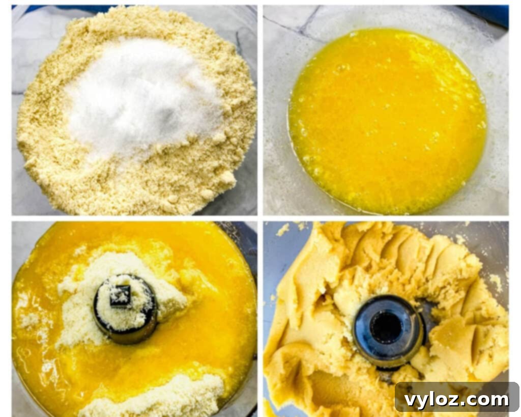 A collage of four photos demonstrating the process of making almond flour crust using a food processor