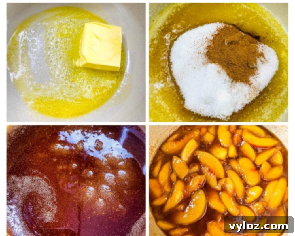 A collage of four photos showing the steps to make peach cobbler filling with butter, sweetener, and peaches