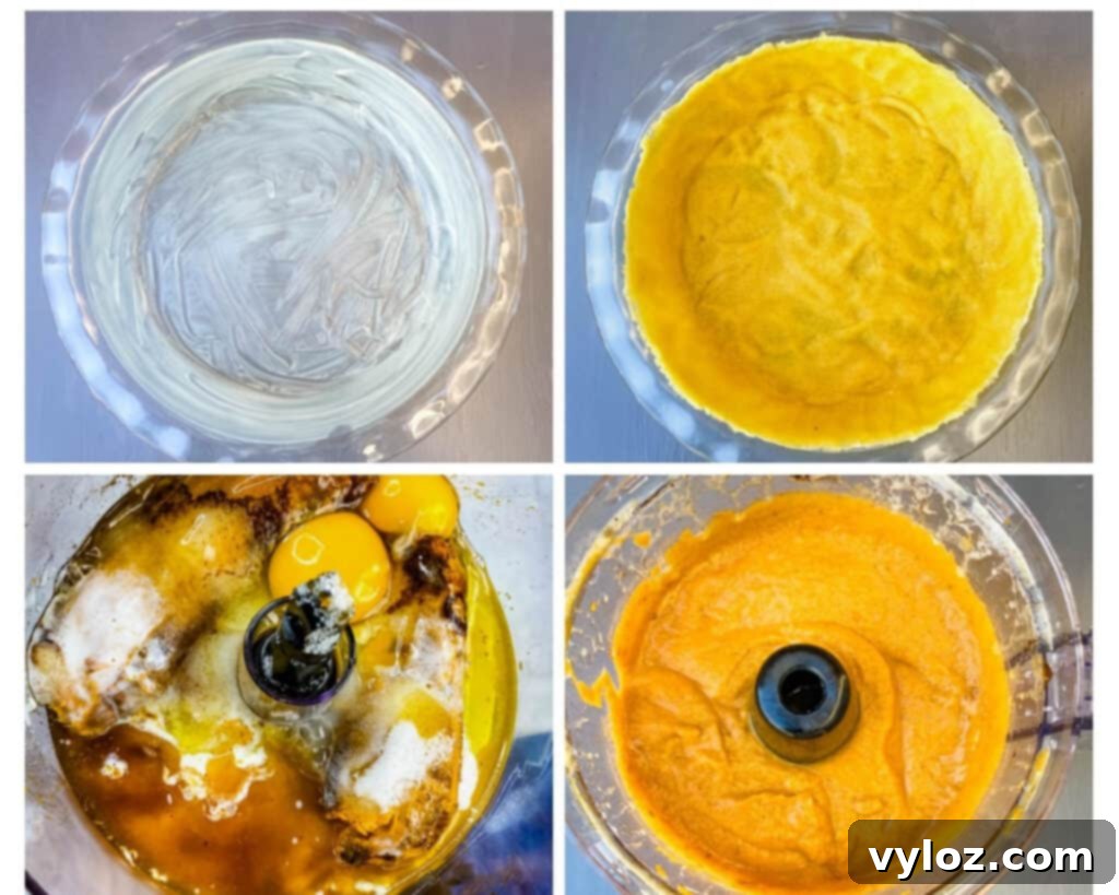 collage photo showing 4 photos on how to make sweet potato pie filling and crust