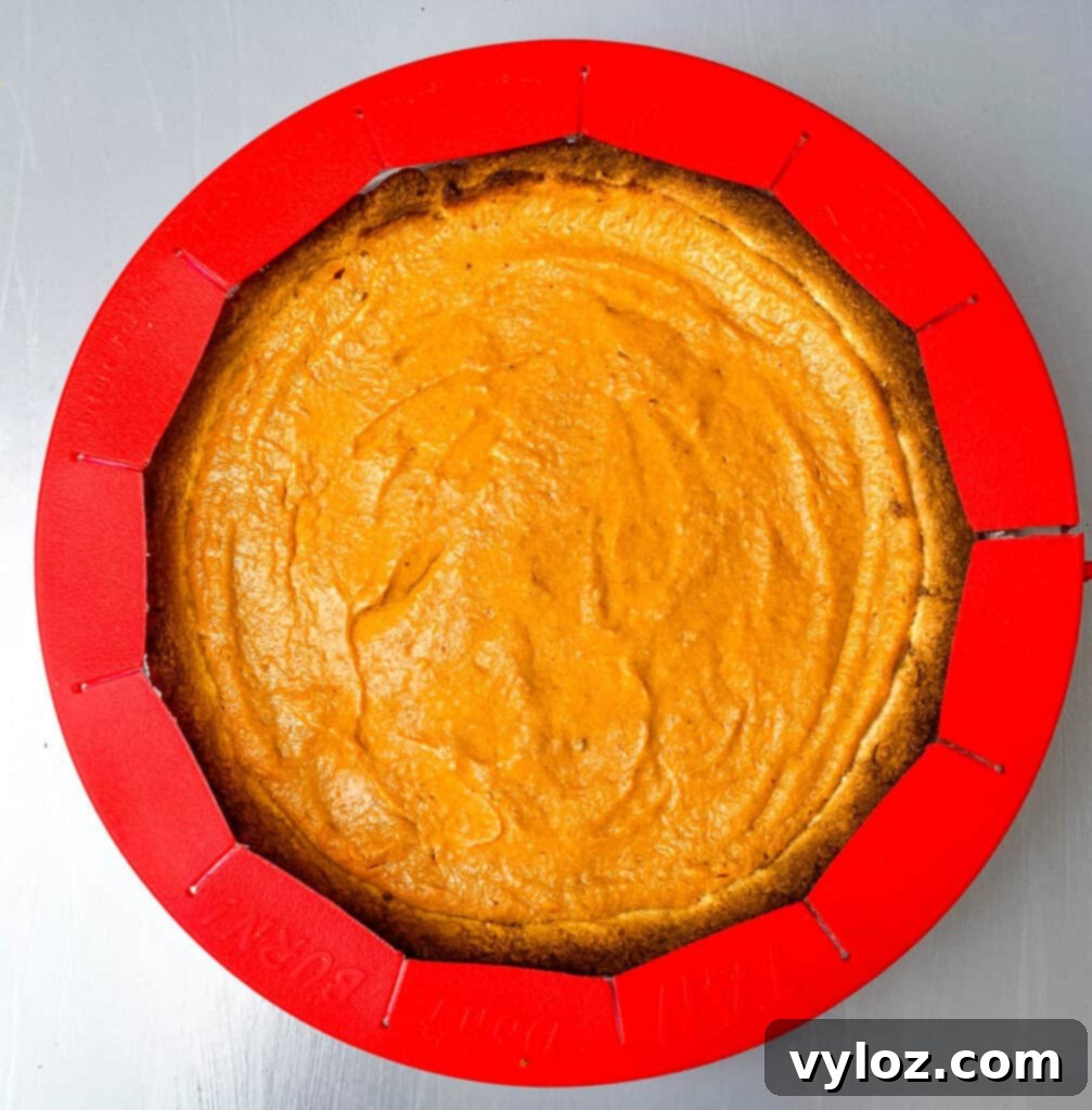 healthy sweet potato pie recipe with pie protectors around the rim of the pan