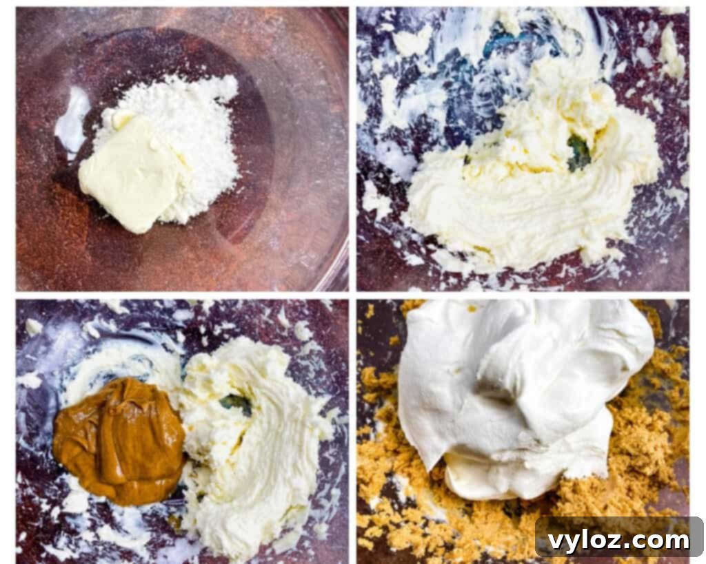 Collage photo of 4 photos showing peanut butter pie filling