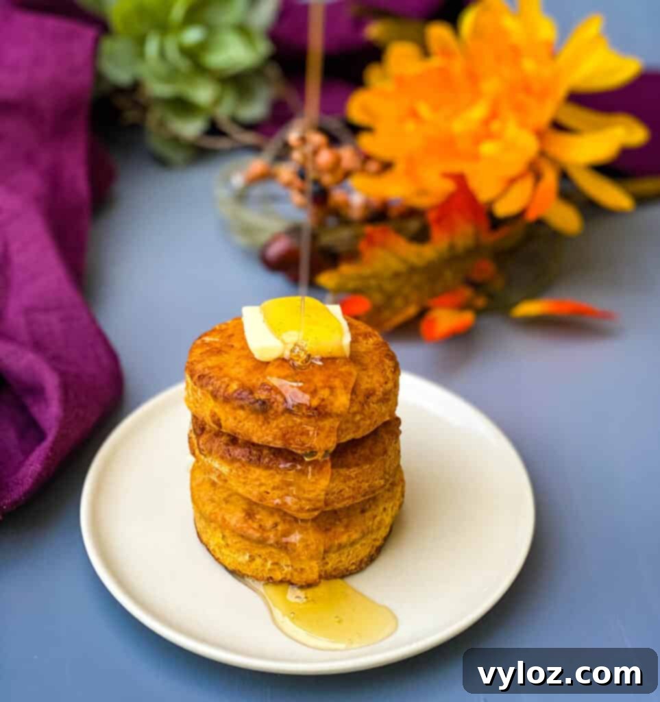 Deliciously Easy Sweet Potato Biscuits 2 Golden sweet potato biscuits on a plate, one cut open and drizzled with honey butter.