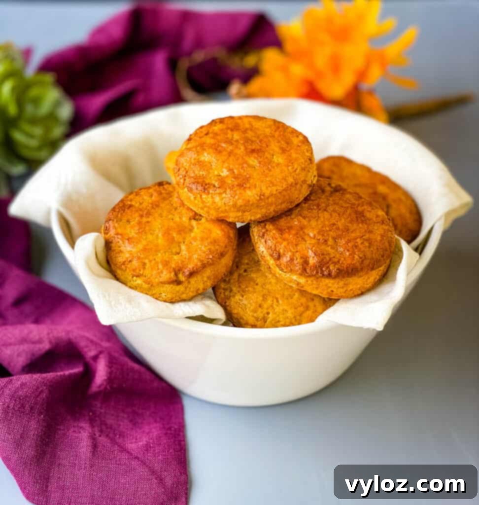 Deliciously Easy Sweet Potato Biscuits 12 A collection of warm sweet potato biscuits served in a rustic white bowl.