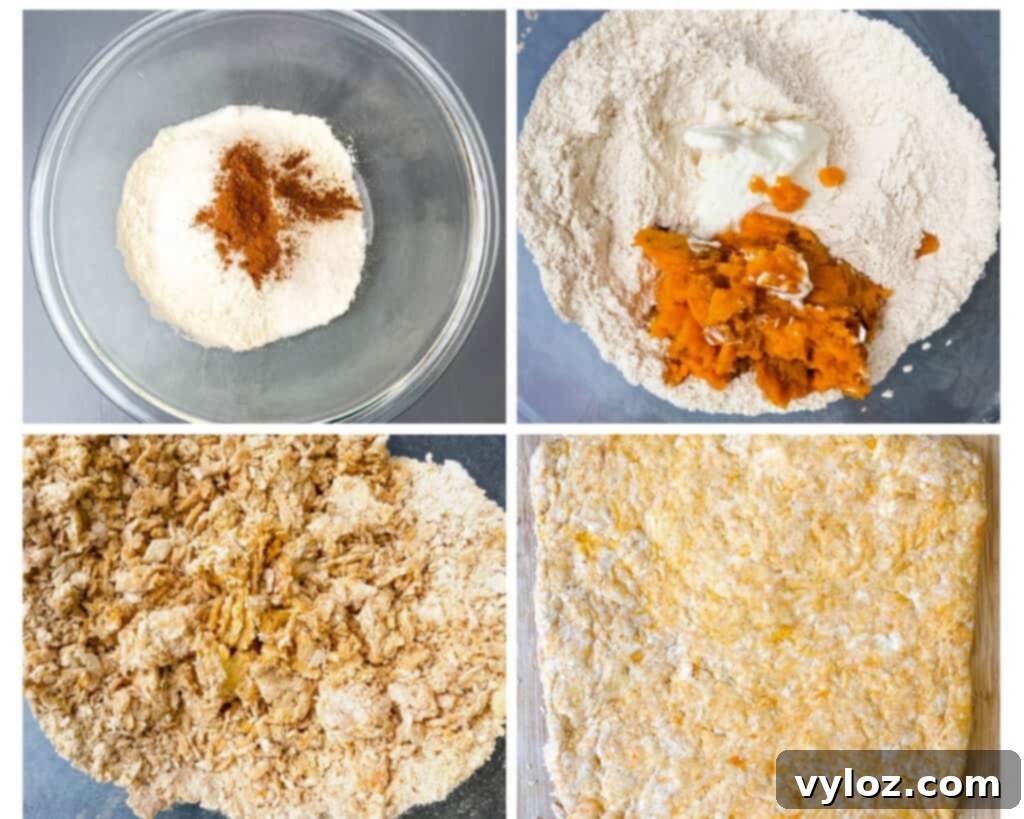 Deliciously Easy Sweet Potato Biscuits 5 A four-panel collage demonstrating the step-by-step process of mixing sweet potato biscuit dough.