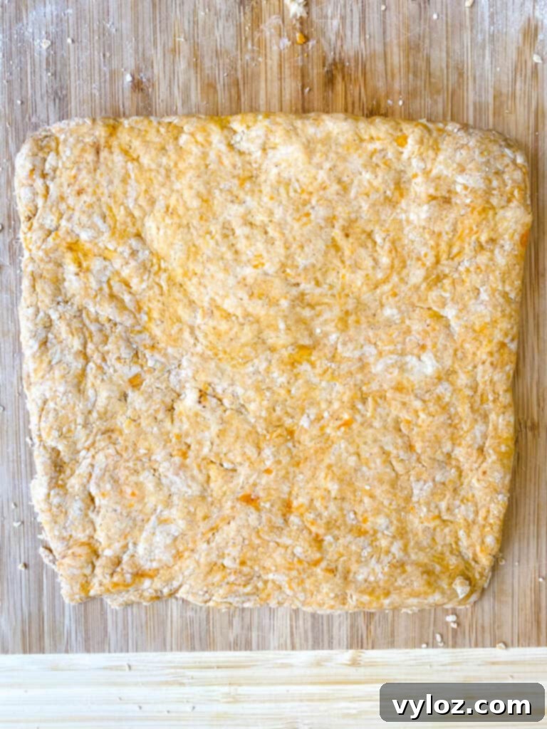 Deliciously Easy Sweet Potato Biscuits 6 Rolled out sweet potato biscuit dough on a bamboo cutting board, ready for cutting.