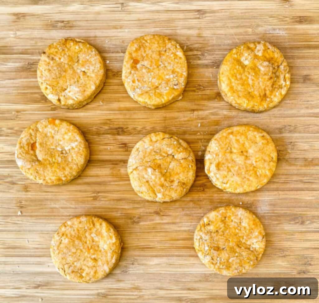 Deliciously Easy Sweet Potato Biscuits 7 Unbaked sweet potato biscuits neatly arranged on a bamboo cutting board before baking.