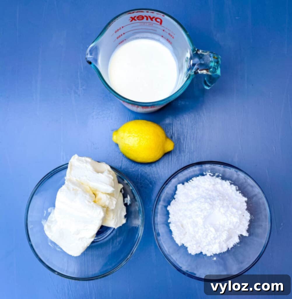 Heavy cream, cream cheese, powdered sweetener, and a fresh lemon for the cheesecake filling