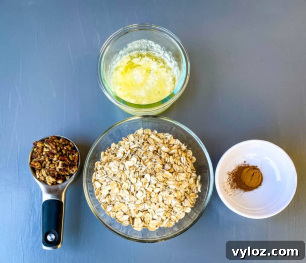 A vibrant composition showcasing the wholesome ingredients for the pumpkin crisp topping: rustic rolled oats, crunchy chopped pecans, fragrant ground cinnamon, and rich melted butter, thoughtfully arranged in separate bowls.
