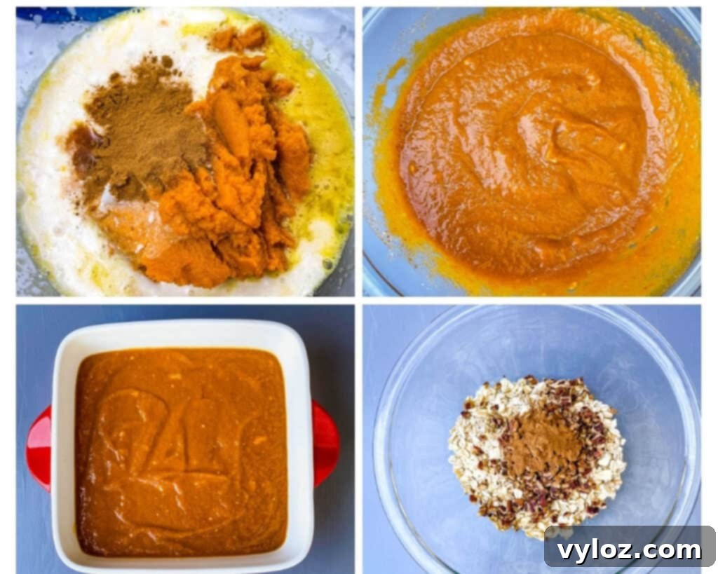 A collage of images demonstrating the process of making sugar-free pumpkin crisp filling, including individual bowls of ingredients and the combined pumpkin mixture in glass bowls, highlighting the ease of preparation.