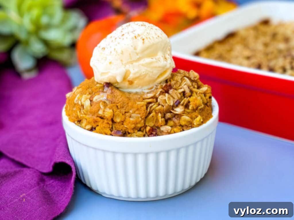 A delectable serving of healthy sugar free pumpkin crisp, presented in a crisp white bowl and generously topped with a creamy scoop of vanilla ice cream, creating a perfect balance of warm and cool textures.