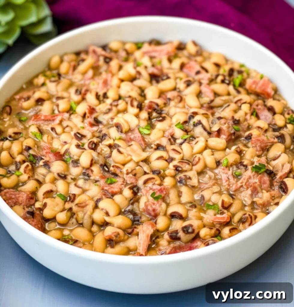 Instant Pot black eyed peas served in a white bowl, ready to eat