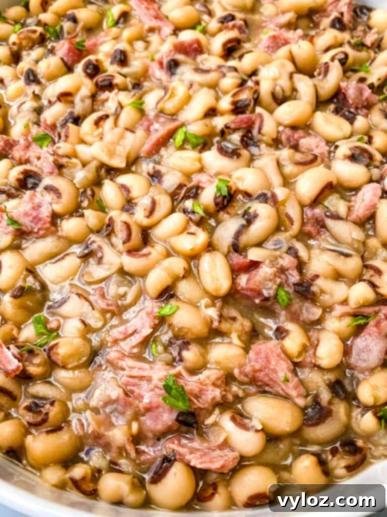 Instant Pot black eyed peas served in a white bowl, close-up