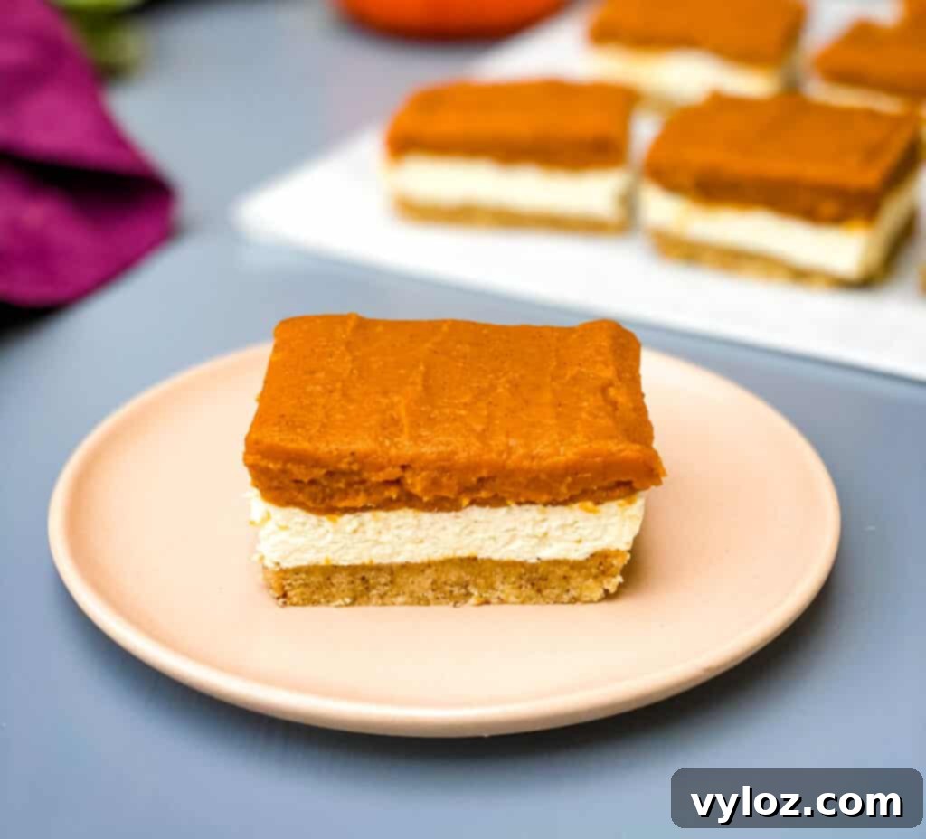 pumpkin cheesecake bars on a pink plate