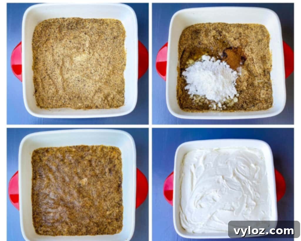 collage photo showing how to make graham cracker crust using almond flour in a baking dish