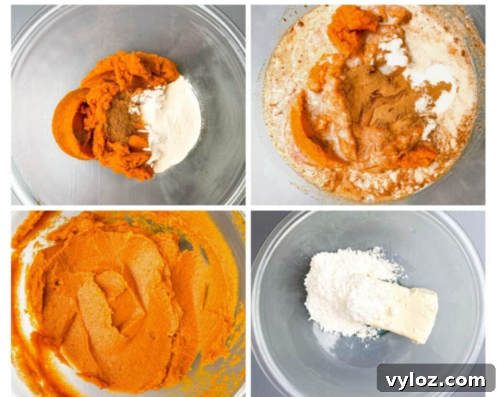collage photo showing how to make pumpkin cheesecake filling in glass bowls with pumpkin and cream cheese