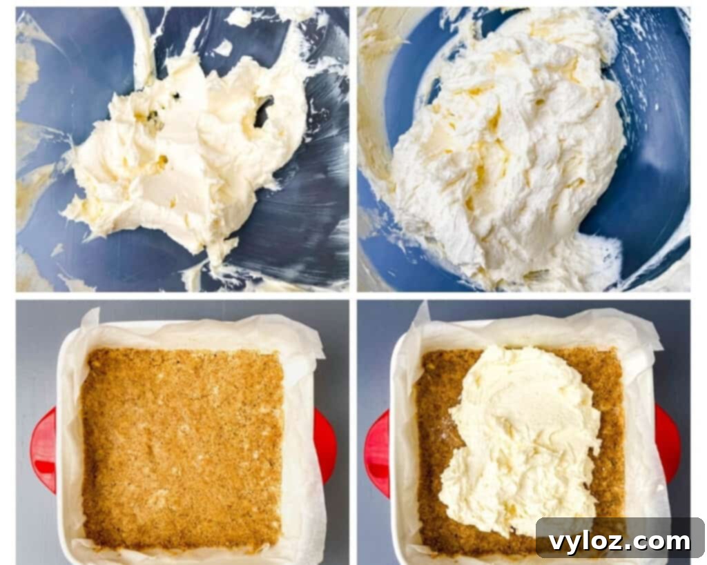 collage photo showing how to make cheesecake filling on graham cracker crust
